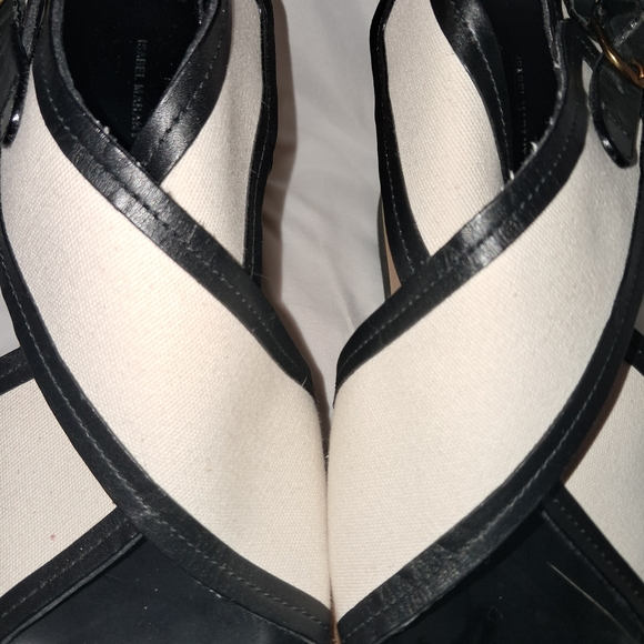 Isabel Marant "Zlova" Wedge EU 40 (9/9.5 US) Black Leather White Cotton Buckles - Picture 11 of 13